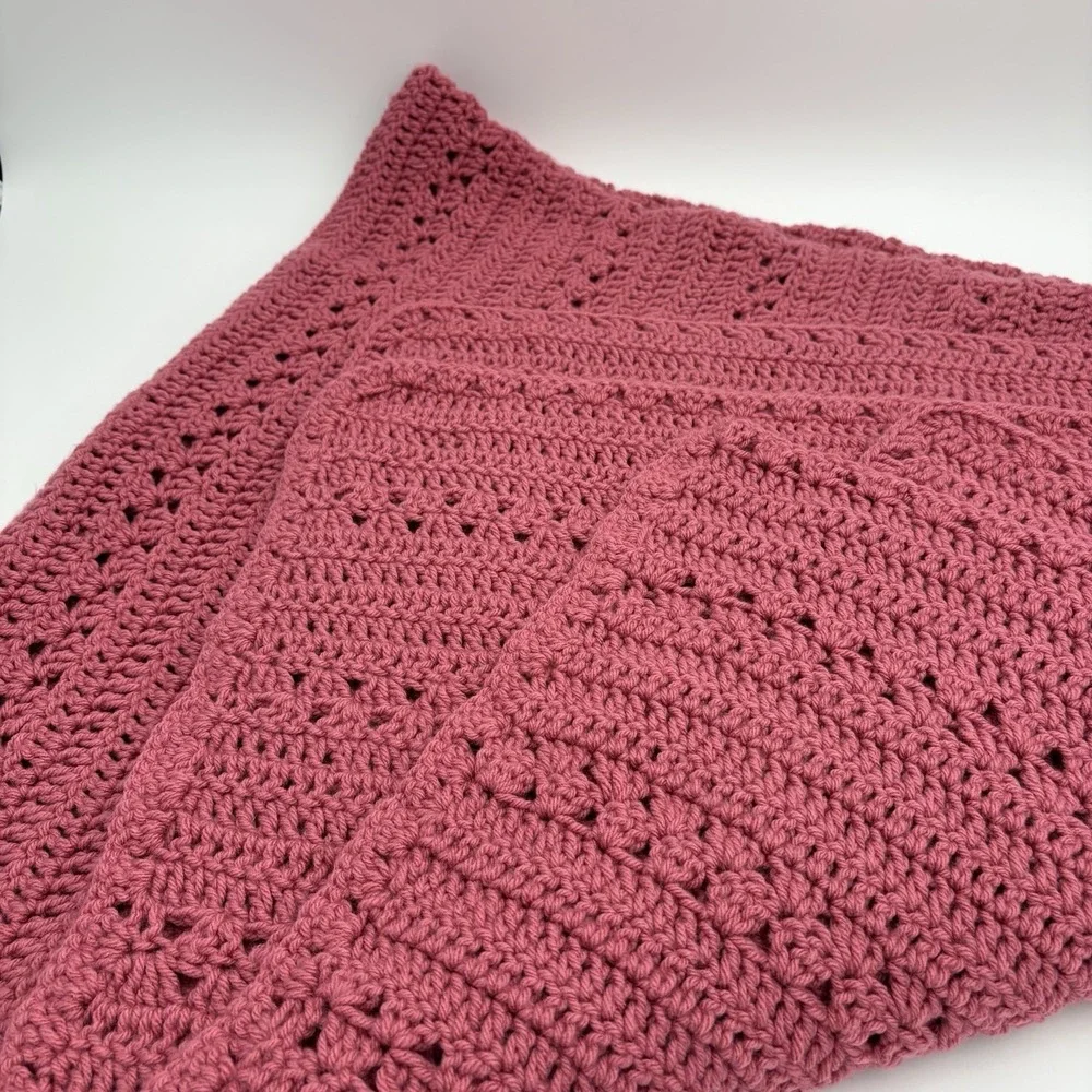 Vintage Hand Crocheted Afghan Throw Blanket Raspberry Approx 56